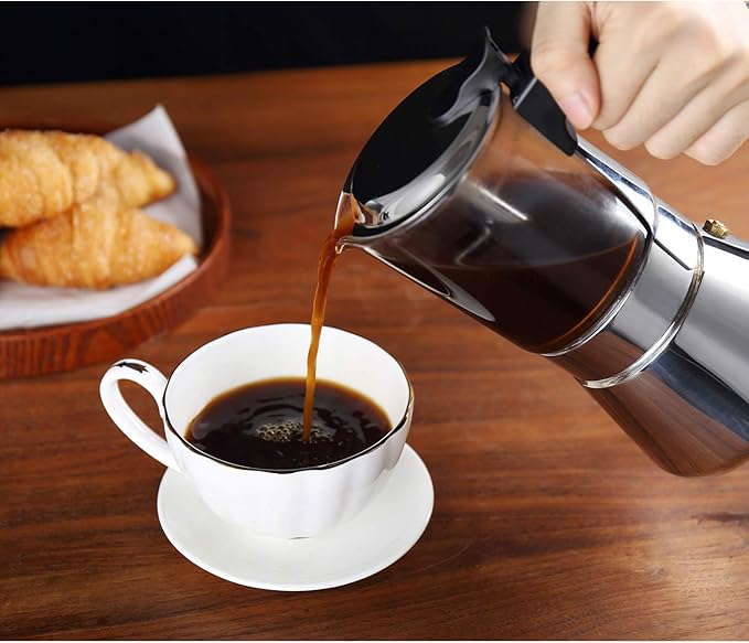 Geesta Premium Crystal Glass-Top Stovetop Espresso Moka Pot - 4/6/ 9 Cups - Stainless Steel Coffee Maker- 160ml/5.6oz/4 cup (espresso cup=40ml)