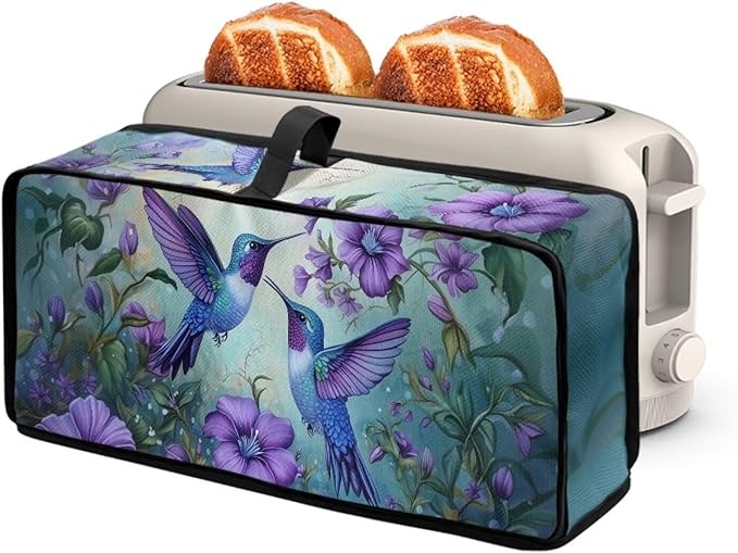 Toaster Cover 2 Slice Hummingbird Purple Floral 2 Slice Slim Toaster Cover Dust Proof Machine Washable Small Appliance Covers for Kitchen, Easy to Fold and Store