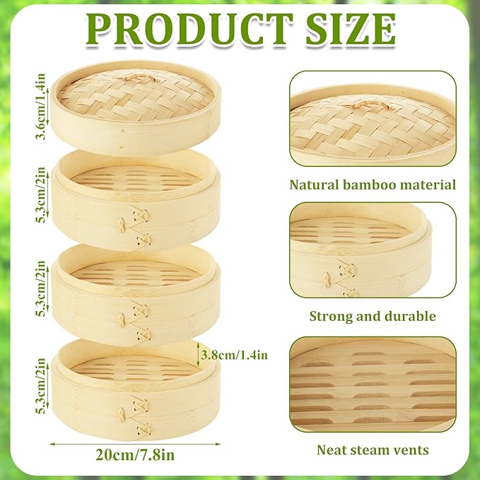 JMIATRY 3 Tier Bamboo Steamer 8 Inch Dumpling Steamer Basket With Side Handles Bamboo Steamers Basket With Lids for Steaming Cookware Asian Food, Bao Buns, Chinese Dim Sum, Dumpling