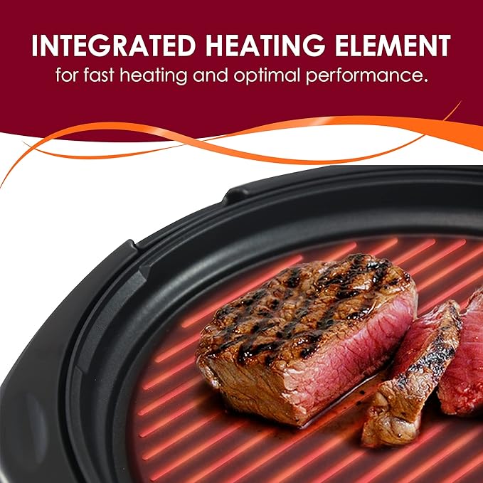 Elite Gourmet EMG-980BX Large Indoor Electric Round Nonstick Grill Cool Touch Fast Heat Up Ideal Low-Fat Meals Dishwasher Safe Includes Glass Lid, 14", Black