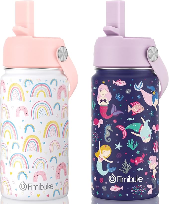Fimibuke Kids Insulated Water Bottle, 14oz BPA FREE Double Wall Vacuum Tumbler 18/8 Stainless Steel Leak Proof Kids Cups with Straw Metal Water Bottle for School Boy Girl (2 Pack, RAINBOW/MERMAID)