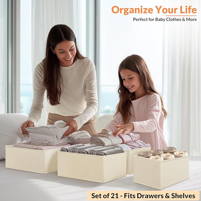 FANS-ONE Drawer Organizer Clothes, 21 Pack Dresser Organizer for Baby Clothes, Underwear, Socks, 3 Sizes Foldable Closet Organization and Storage Bins for Nursery, Bedroom (Light Beige)