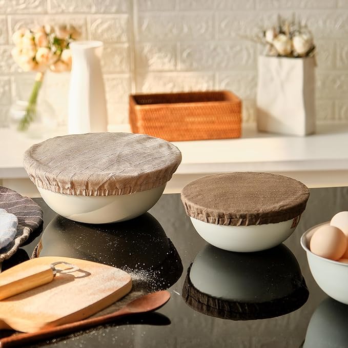 100% Pure Linen Bowl Covers For Bread Proofing, 4 Pcs Elastic Reusable Bowl Covers Large Ticking Striped Cloth Fabric Stretch Sourdough Lids, 6 * 8 * 10 * 12 Inches- Linen