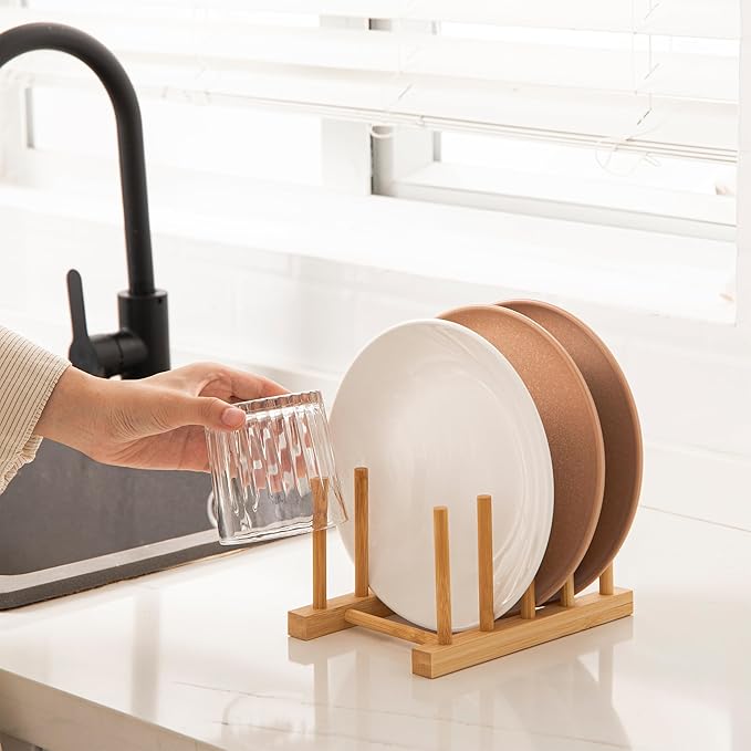 HBlife 4pcs Bamboo Dish Plate Bowl Cup Book Pot Lid Cutting Board Drying Rack Stand Drainer Storage Holder Organizer Kitchen Cabinet（Keep Dry）