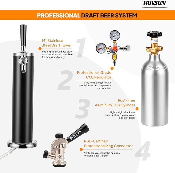 ROVSUN BF-152 Full Size 5.4 Cu.Ft, Beer Kegerator with CO2 Tank Included, Draft Beer Dispenser for Home Bar, 152L Beverage Refrigerator Direct Cool, Metal Cabinet, Single Tap, Black