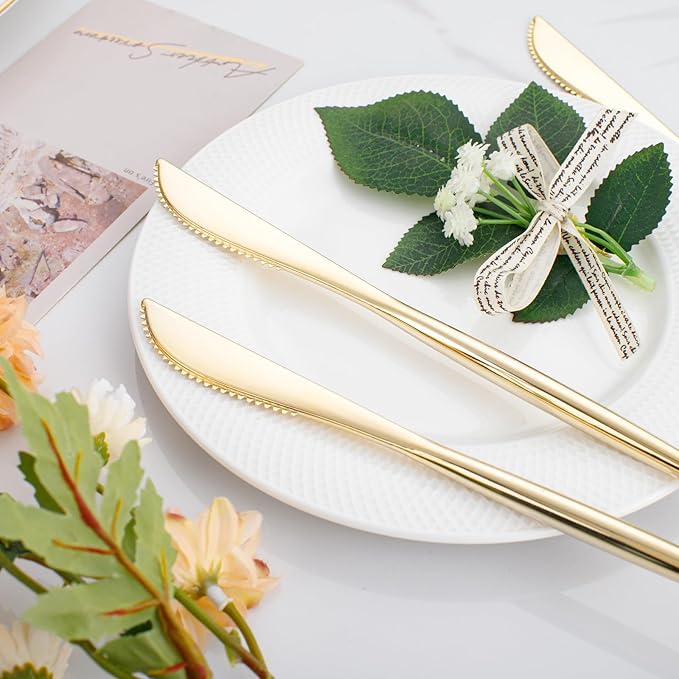 I00000 90 Pcs Gold Plastic Knives,Plastic Silverware, Gold Disposable Utensils, Heavy Duty Disposable Knives Dinnerware Perfect for Parties, Wedding & Dinners