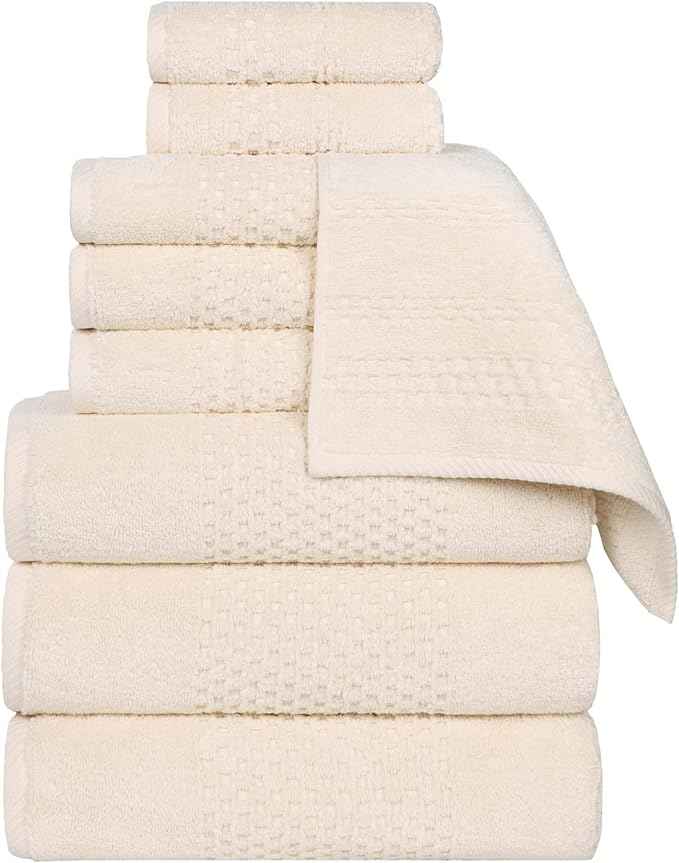 Superior Playa Zero Twist Cotton Medium Weight Towels, for Guest Bath, Bathroom, Shower, Spa, Plush, Quick Dry, Ultra-Soft Towels, Bath Essentials, Waffle Textured, 9 Piece Assorted Towel Set, Ivory