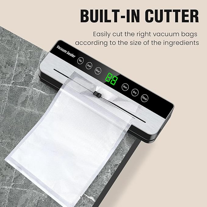 Vacuum Sealer Machine Dry&Moist modes Precision 8-in-1 household food preservation system with build in Cutter, easy to clean, with 20 food sealer bags