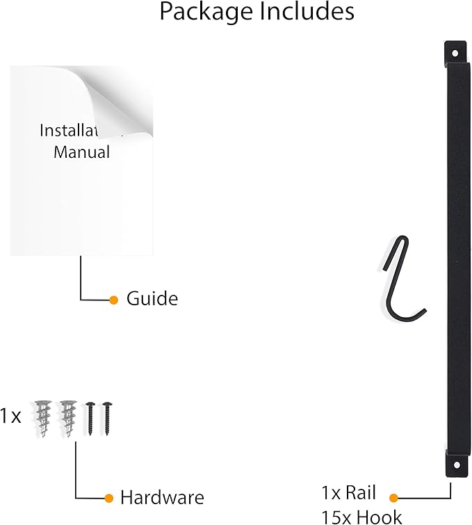 Wallniture Casto 30" Gourmet Kitchen Rail with 15 S Hooks for Hanging Kitchen Utensils Set and Cookware, Iron, Frosty Black