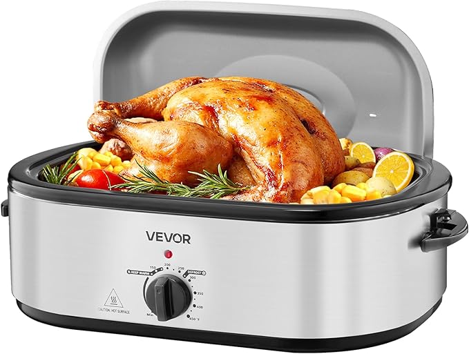 VEVOR Roaster Oven, 20QT Electric Roasting Pan, 150-450℉ Adjustable Temperature Fast-Cooking Turkey Roaster, Turkey Oven with Self-Basting Lid, Defrost & Warm Function for Home, Fits 24lb Turkey