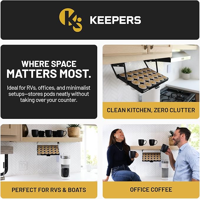 COFFEEKEEPERS KEEPERS Under Cabinet K Cup Holder with Swing-Down Access – Space-Saving Coffee Pod Holder and K Cup Organizer for 24 Pods – Steel Coffee Pod Organizer with Easy DIY Installation