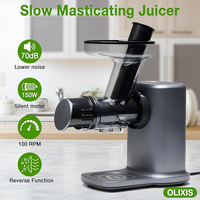 OLIXIS Cold Press Juicer, Slow Masticating Juicer Machines with Extra Wide Feed Chute, High Juice Yield and Easy to Clean for Whole Vegetables & Fruits, Silver