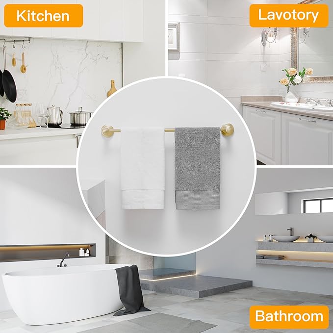 BESy Adjustable 16 to 26 Inch Bath Towel Bar Rack for Bathroom Towel Holder, Wall Mounted Towel Bar Rod Hanger Bathroom Hardware Accessories Hotel Style, Stainless Steel, Brushed Gold