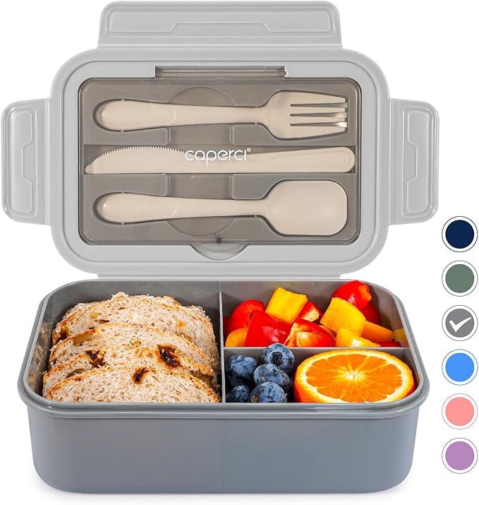 Caperci Classic Bento Box Adult Lunch Box for Older Kids - Leakpoof 47 oz 3-Compartment Lunch Containers for Adults and Teens, Built-in Utensil Set, Ideal for On-the-Go Balanced Eating, Gray
