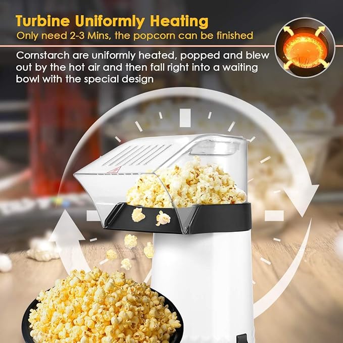 Hot Air Popper Popcorn 1200W Electric Hot Air Popcorn Maker for Family Movie Nights Home Popcorn Machine, White