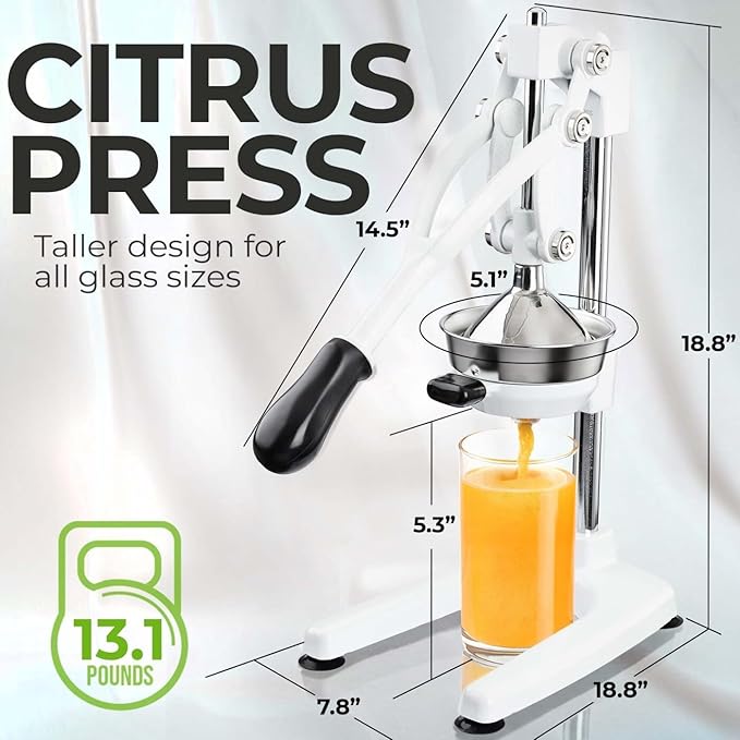 Zulay Kitchen Pulperizer 9 in 1 Cast Iron Juicer - Easy-to-Clean Heavy-Duty Manual Juicer with Presser Attachment to Juice All Types of Fruits! Extra Tall with Stainless Steel Bowl - White