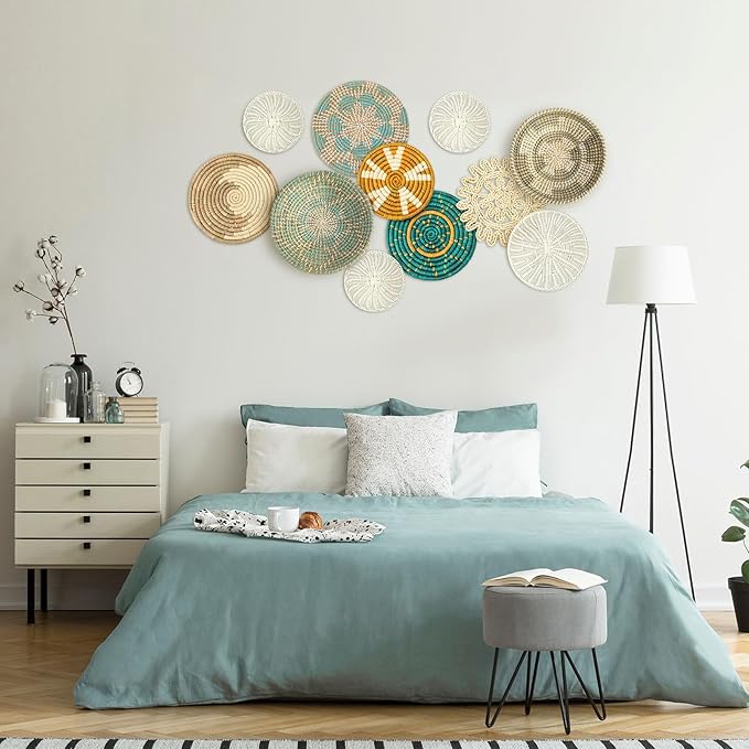 Tatuo 11 Pcs Boho Wall Basket Decor Bulrush Woven Wall Hanging Art Round Farmhouse Rustic Handmade Wicker for Summer Home, Bedroom, Living Room, Kitchen Decorations, Multi Sizes(Bright)