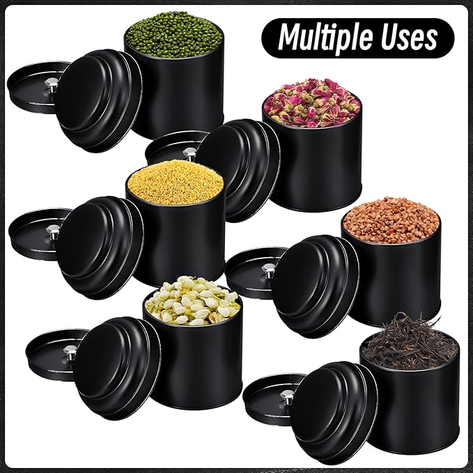 Meanplan 12 Pcs Tea Tin Canister with Airtight Double Lids Round Tin Can Box Small Kitchen Tea Canister Loose Leaf Storage Containers for Loose Bags Coffee Sugar Candy Spices(Black,8 oz)