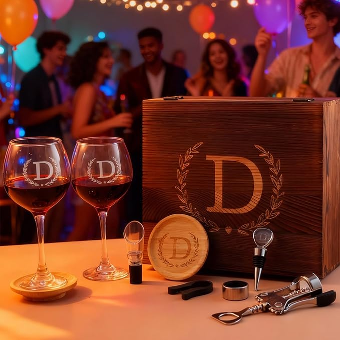 GZLDGIFTS Personalized Initial Wine Glasses Box Gift Set For Women Mom Engraved Birthday Monogrammed Wooden Christmas Gifts Wedding Anniversary Wine Couples Stopper Opener Initial Letterr (C Set)