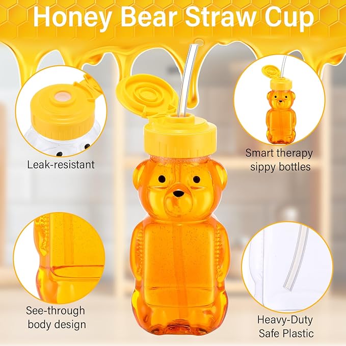 Thenshop 64 Pcs 6 oz Honey Bear Bottle and 64 Pcs Straws Plastic Honey Bear Straw Cup Honeybear Squeeze Jars Cute Empty Bottle for Syrup Sauce Juice Storing and Dispensing