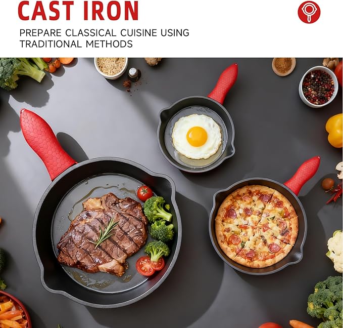 6/8/10 Inch Seasoned Skillet 3-Piece Set, for Frying, Saute, &More, for Oven, Stove, Grill, or Campfire, Black, with Silicone Handle Grip Covers