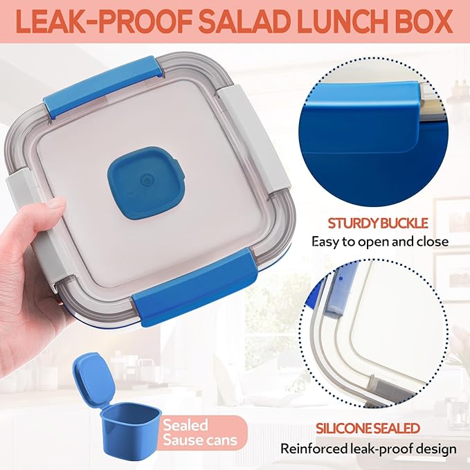Tessco for you 6 Pcs Salad Lunch Container 50 oz Salad Container with 3 Compartment Reusable Bento Box for Adults Stackable Lunch Bowl for Meal Snack Fruit(Pink,Blue)