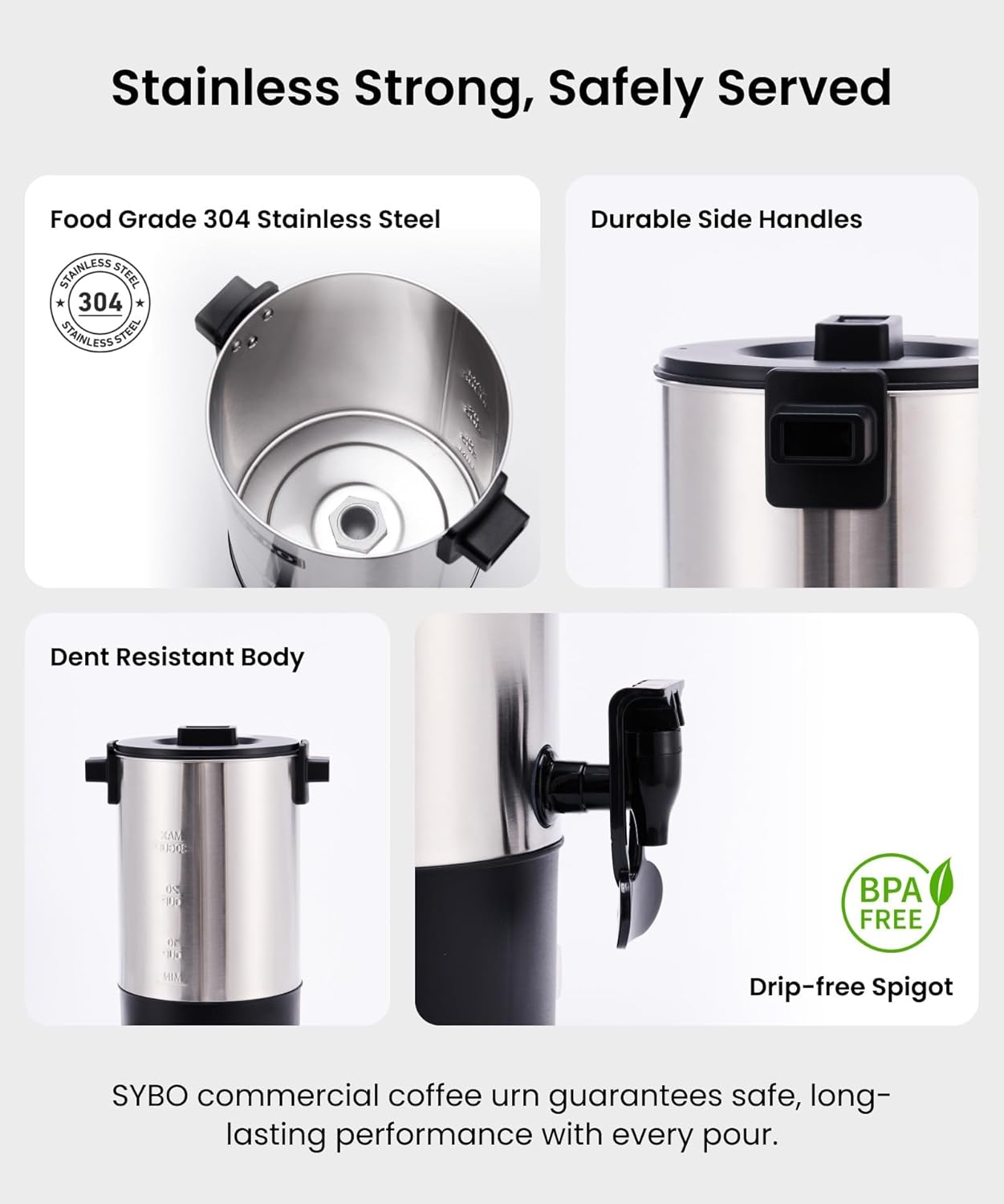 SYBO Commercial Grade Stainless Steel Percolate Coffee Maker, Hot Water Urn for Catering, Hot Beverage Dispenser, 40-Cup, 4.5L, Metallic