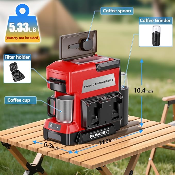 Taingwei Cordless Coffee Maker for Milwaukee M18 18V Battery, Portable Drip Coffee Maker with Electric Coffee Grinder for RV, Camping, Travel, Car, Hiking (Battery Not Included)