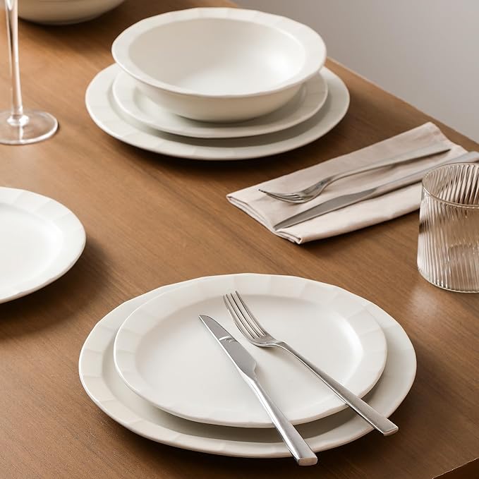 Stone Lain Oasis 24-Piece Dinnerware Set Stoneware, Dishwasher and Microwave Safe Plates and Bowls Set, Dish Set for 8, White