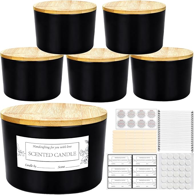 CONNOO 24oz Matte Black Glass Candle Jars 6 Pack, Multi-Wick Wide Mouth Empty Bulk Candle Containers for Making Candles with Airtight Bamboo Lids, Sticky Warning Labels, Wick kit- Dishwasher Safe
