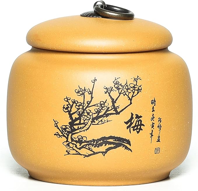 Yixing Clay Jar 17.5 Oz,Zisha Loose Leaf Tea Storage Canister Pot,Keep Bulk Tea Tidy and Fresh -Yellow,Plum
