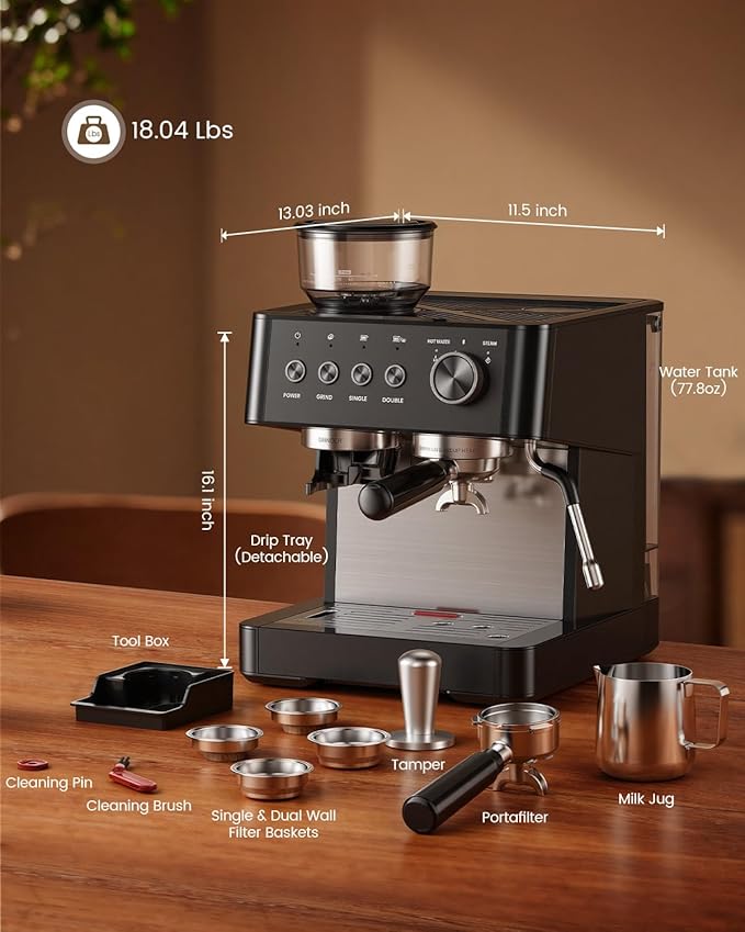 (2026 Upgrade) Espresso Machine with Grinder, Expresso Coffee Machines with Built-in Anti-Clog Coffee Grinder/Milk Steam Wand/Frother, Expresso Machines for Home Perfect Cappuccino & Latte-Matte Black