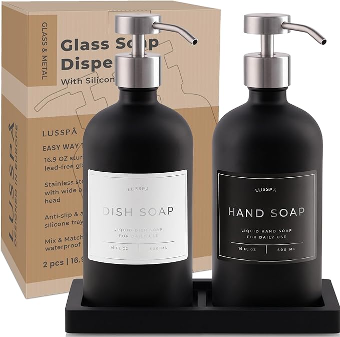 Glass Soap Dispenser Set of 2 (Black) with Silicone Tray | Hand and Dish Soap Dispenser for Kitchen and Bathroom | 16.8 Oz Glass Bottles with Stainless Steel Pump & 15 Waterproof Labels (Black/Silver)