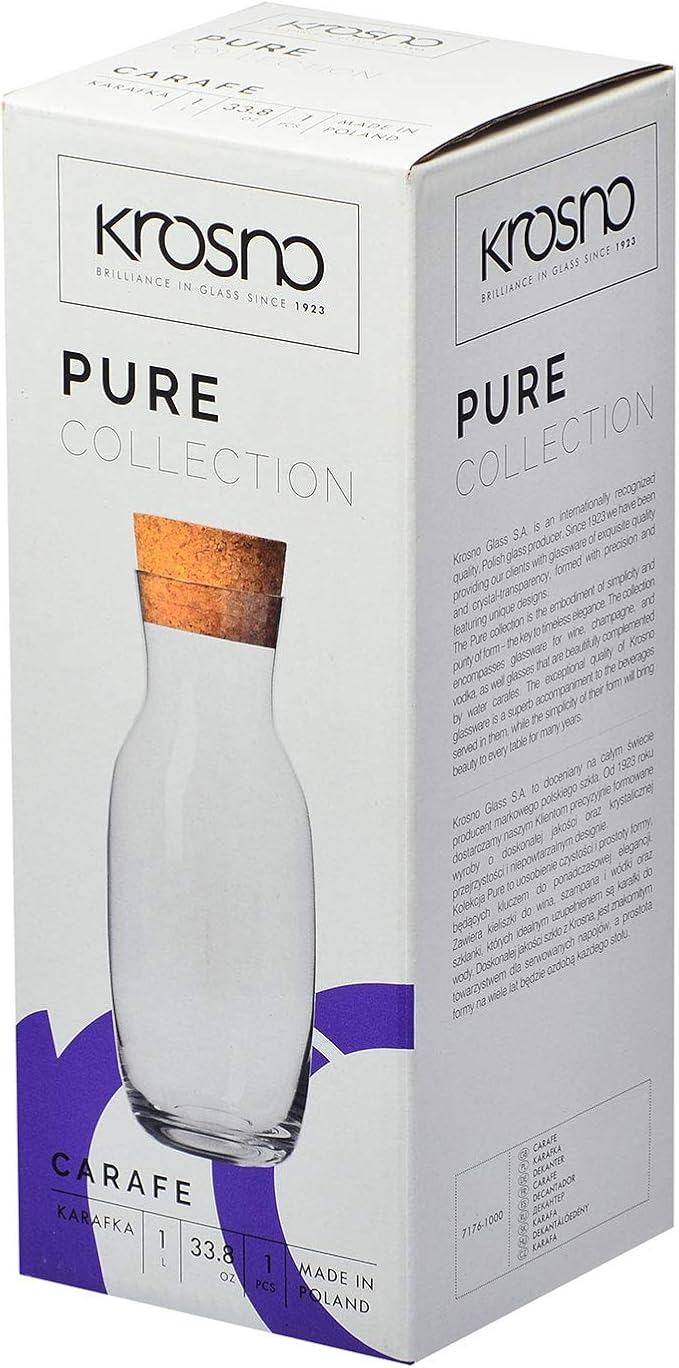 Krosno Water,Lemondade,Juice,Wine Carafe with Cork Stopper, 33.8 oz,Pure Collection, Fridge Safe, Made in Europe