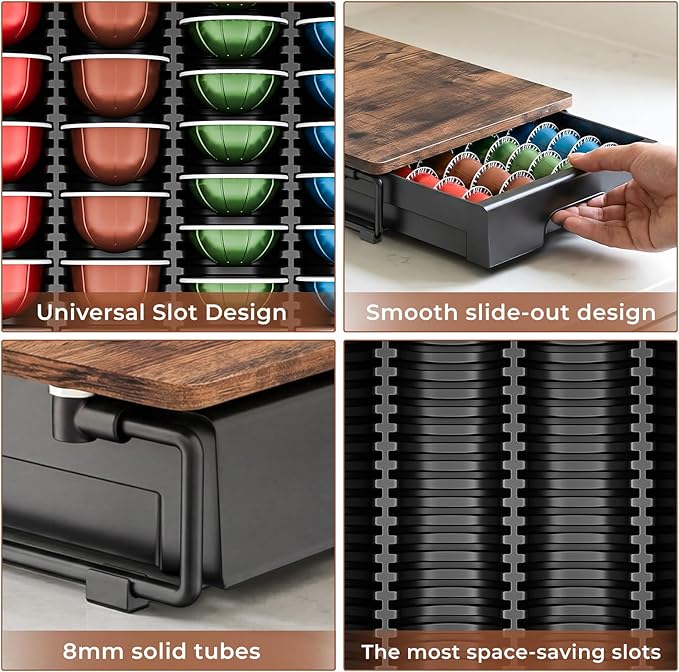 EVERIE Wooden Coffee Pod Storage Drawer for Nespresso VertuoLine Capsules, Large Capacity Countertop Coffee Station Organizer, Rustic Brown