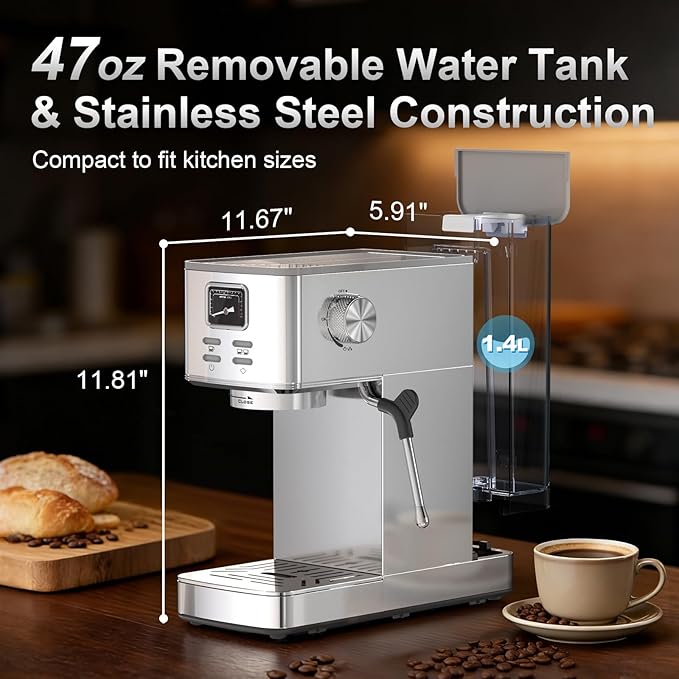 Electactic Espresso Machine 20 Bar, Stainless Steel Coffee Machine with Steam Milk Frother & 47oz Removable Water Tank, Hot Water Function for Home Cappuccino, Latte