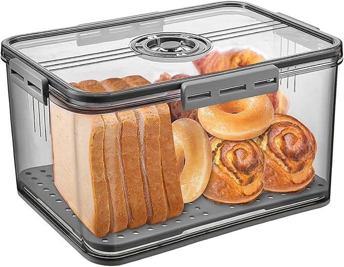 Gifhomfix Bread Box Bread Boxes for Kitchen Counter Airtight, Time Recording Bread Storage Container with Lid, Bread Keeper for Homemade Bread, Toast, Bagel, Donut and Cookies, LARGE Dark Grey