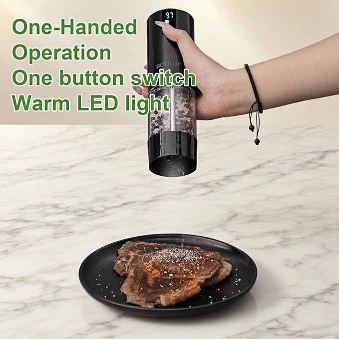 2Pack Electric Salt and Pepper Grinder Set with Power Display, USB Rechargeable Automatic Salt & Pepper Mills, Adjustable Coarseness, 120ml Larger Capacity with LED Light (Black Set)