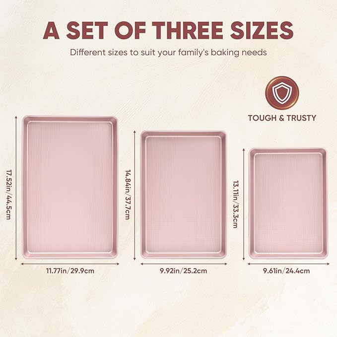 Sakerplus Nonstick Baking Sheet Pan Set of 3, Heavy Duty Cookie Sheets for Oven with Stripe Texture Pattern, 0.6mm Thick Quarter/Half/Jelly Roll Pans, Rust-Resistant & Easy Clean (Pink)