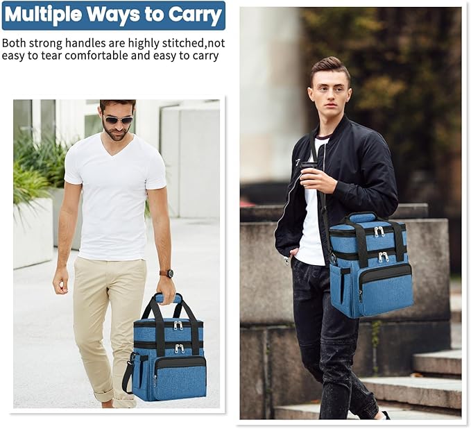 holuxer Insulated Lunch Bag & Lunch Box for Men - Double Deck Reusable Lunch Bag for Women Tote Cooler Bag Leakproof Soft Expandable - Large Lunchbox for Work/Adult/Picnic/Outdoor (Blue，15L)