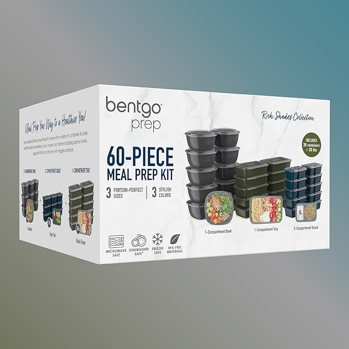 Bentgo Prep 60-Piece Variety Meal Prep Kit - Reusable PFAS & BPA-Free Food Containers 1-Compartment Trays, Prep Bowls, & Snack Boxes - Microwave, Freezer, & Dishwasher Safe (Rich Shades)