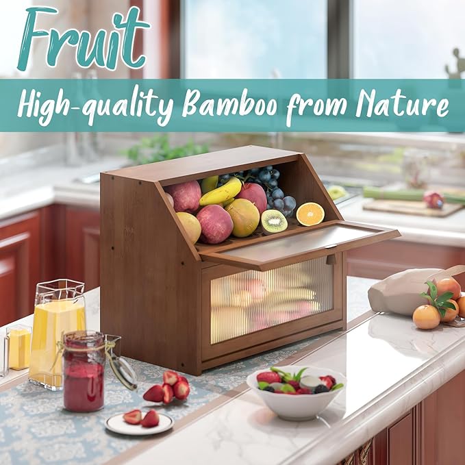 Bread Box for Kitchen Counter, Large Bamboo Wood Double Layer Bread Box, Wooden Bread Storage Capacity