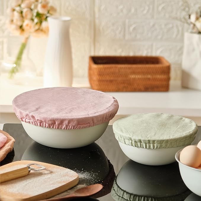 100% Pure Linen Bowl Covers For Bread Proofing, 4 Pcs Elastic Reusable Solid Color Cloth Fabric Bowl Covers,XL Organic Washable Large Stretch Sourdough Lids 6 * 8 * 10 * 12 Inches, Green