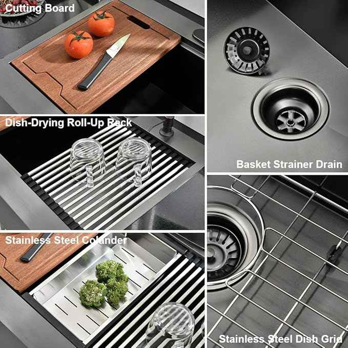 33 Inch Farmhouse Kitchen Sink Workstation Black - VOKIM 33x22 Apron Front Kitchen Sink Stainless Steel 16 Gauge Single Bowl Gunmetal Farm Sink