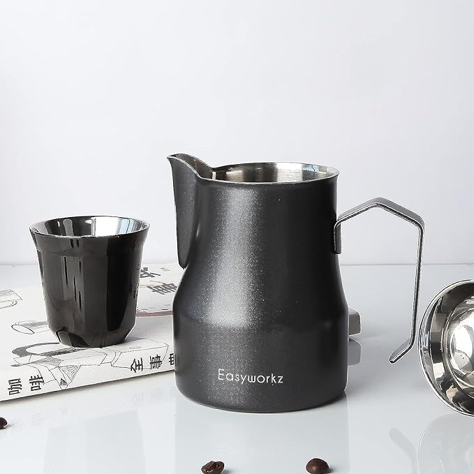 Easyworkz Stainless Steel Espresso Cup 2pcs Set Double Wall 5 oz, Bundled Espresso Steaming Pitcher Stainless Steel 15 oz Coffee Frothing Picther Milk Jug Cappuccino Latte Art Cup