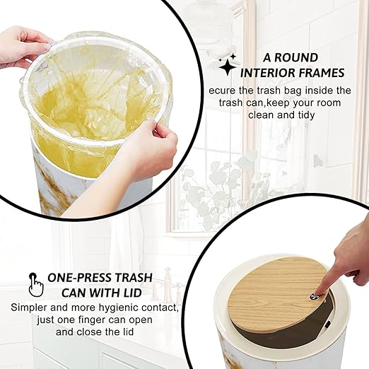 Trash Can with Lid White Gold Marble Texture Design Press Top Round Small Garbage Bin with Wooden Legs Waste Basket for Kitchen Bedroom Nursery 7L/1.8 Gallon