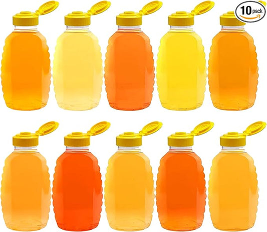 Skywin TidyFriend Honey Bottles 16 oz – 10 Pack Empty Honey Squeeze Bottle with Flip Lid & Seal, Clear Plastic Beehive Design, PET Containers