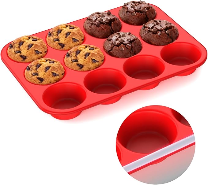 Silicone Muffin Pan for Baking: 12 Cup Muffin Pan with Metal Reinforced Frame, Regular Size Cupcake Egg Bites Molds for Baking, BPA Free Silicone Muffin Tray, Dishwasher Safe (1 Pack, Red)
