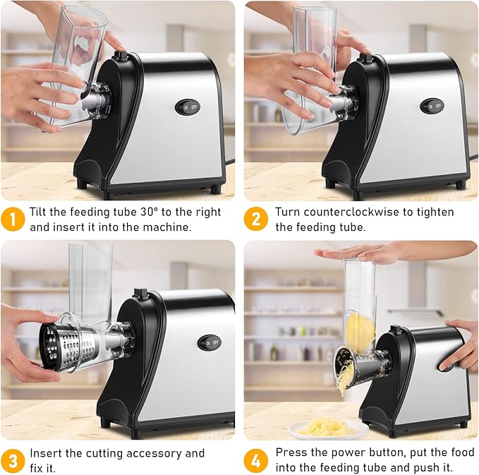 Electric Cheese Grater, Salad Maker With 5 Different Blades, 250W Electric Slicer Shredder for Home Kitchen Use, One-Touch Control Electric Grater for Cheeses, Fruits, Vegetables, BPA-Free