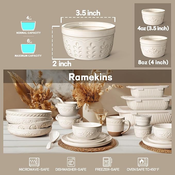 Artena Ramekins Oven Safe, Creme Brulee Ramekins, Embossed White Ceramic Souffle Pudding Custard Cups, Baking Dish, Dipping Bowls, Sauce Cups, Set Of 4 (Wheat Leaf, 4 oz)